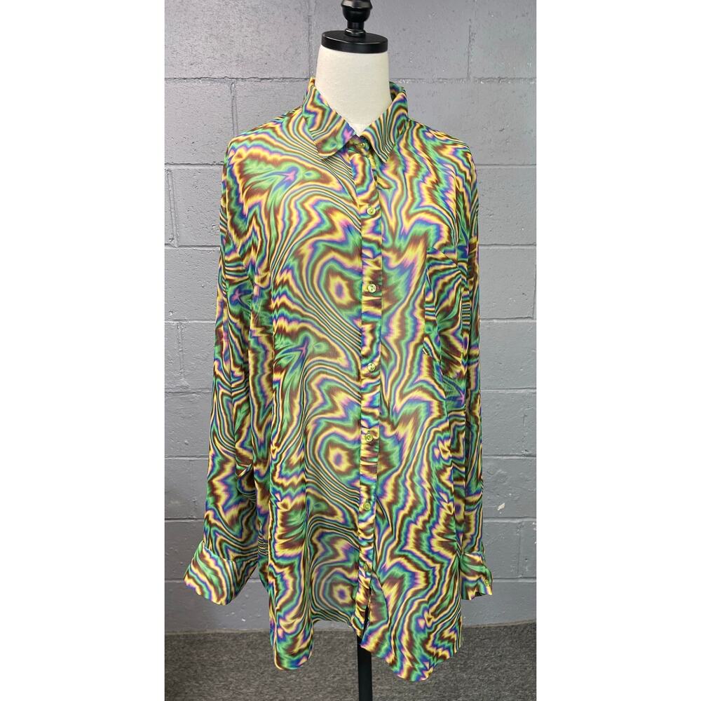 Sheer Psychedelic Swirl Button Front Blouse Optical Illusion Statement Piece Med